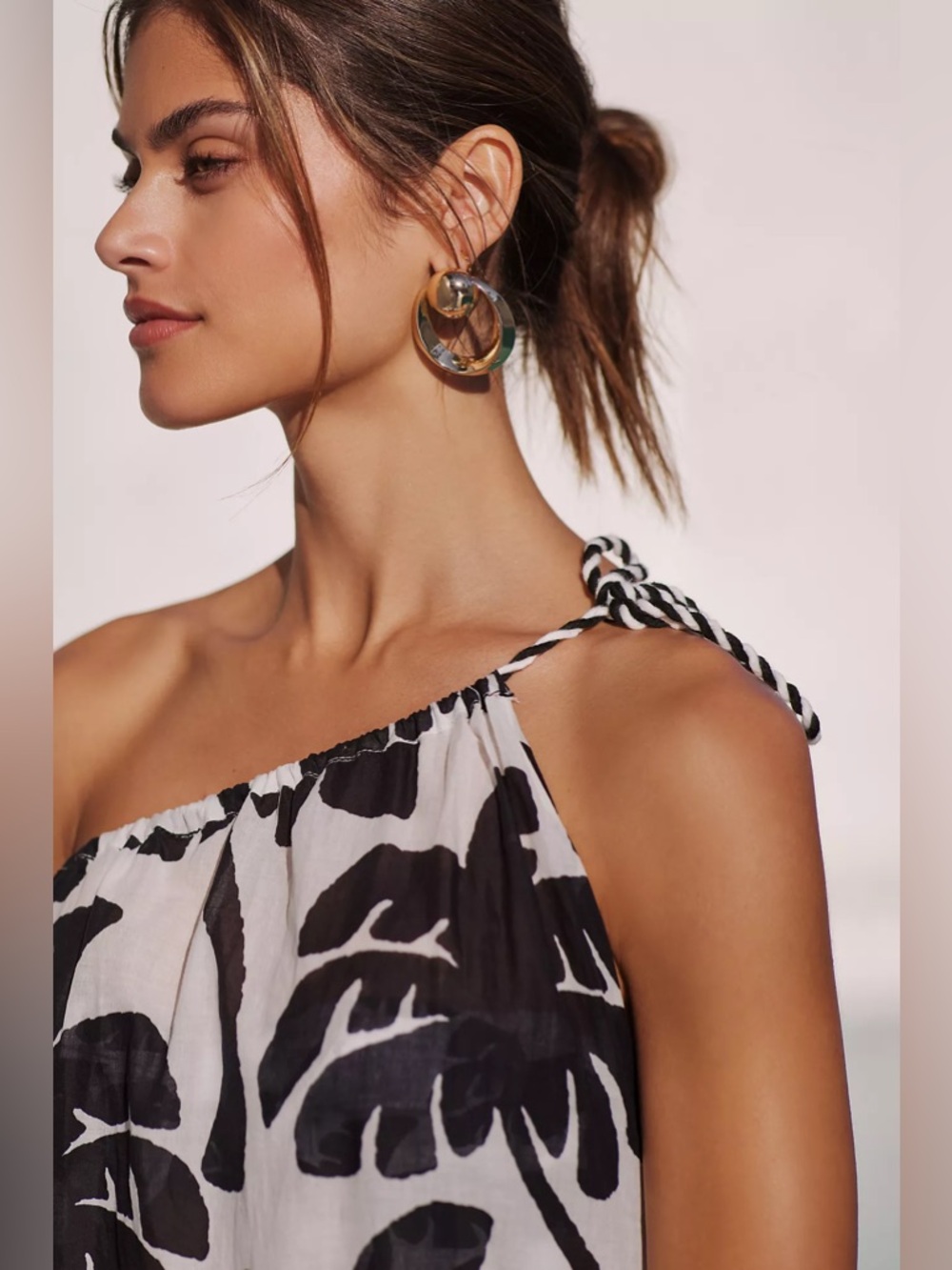 FARM RIO monochromatic One Shoulder Coconut Tree print Cotton Cover-Up Large - Picture 9 of 11
